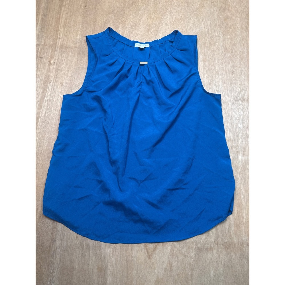 New York & Company Blouse Women XL Blue Excellent Sleeveless Pleated Gold Bar